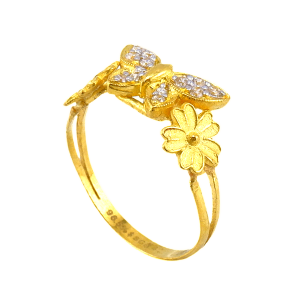 Anel Borboleta com Flor e Pedras Incrustadas, Peso: 1 Tical
